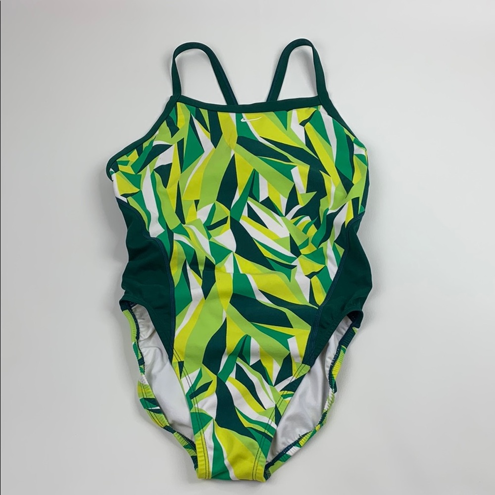 Nike Green Tropucal Patterned One Piece Athletic Swimsuit Small/Medium Racerback
